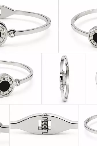Roman numeral bangle bracelet, silver stainless steel with crystal