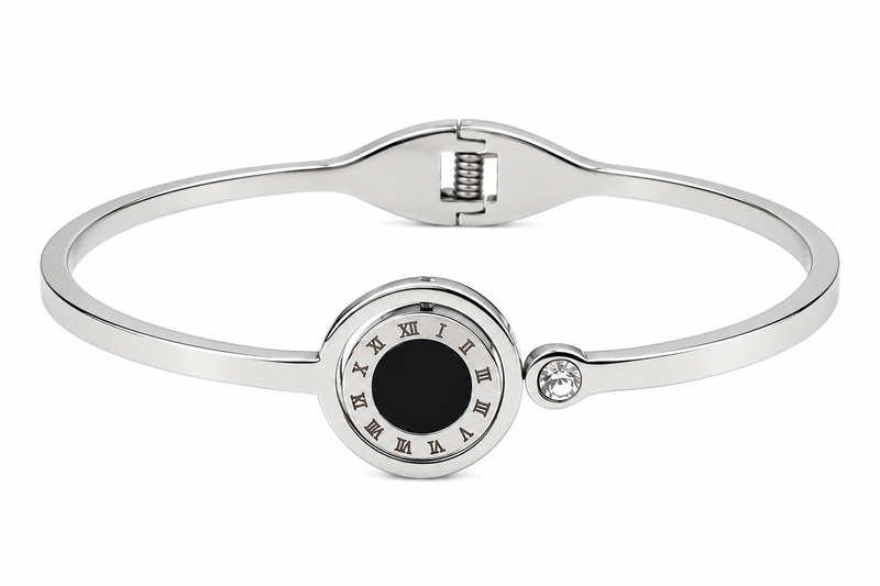 Roman numeral bangle bracelet, silver stainless steel with crystal