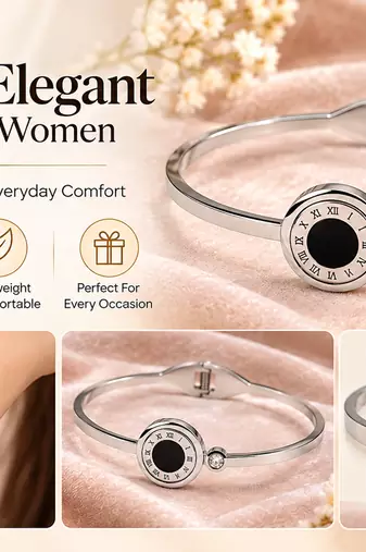 Roman numeral bangle bracelet, silver stainless steel with crystal