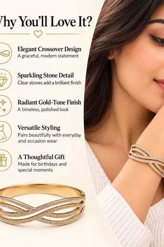 Gold-tone crystal pave infinity bangle bracelet for women