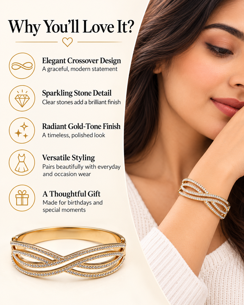 Gold-tone crystal pave infinity bangle bracelet for women
