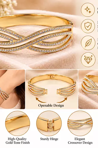 Gold-tone crystal pave infinity bangle bracelet for women