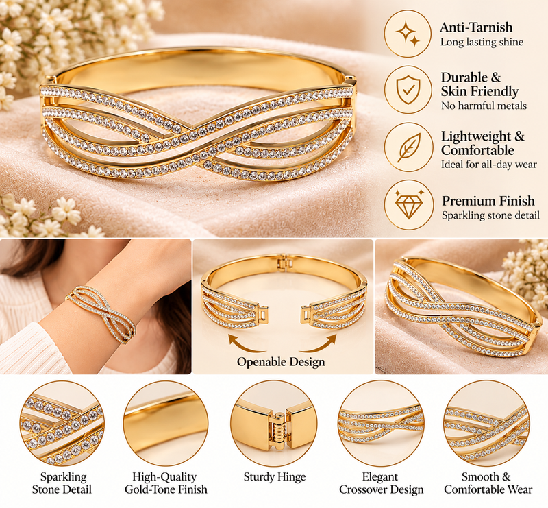 Gold-tone crystal pave infinity bangle bracelet for women