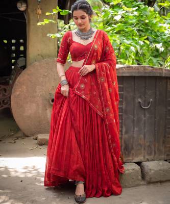 Women's Georgette Printed Lehenga Choli with Sequins Embroidery & Mirror Work Dupatta Set - Full stitched free size 1