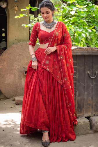 Women's Georgette Printed Lehenga Choli with Sequins Embroidery & Mirror Work Dupatta Set - Full stitched free size