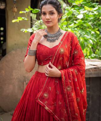 Women's Georgette Printed Lehenga Choli with Sequins Embroidery & Mirror Work Dupatta Set - Full stitched free size 2