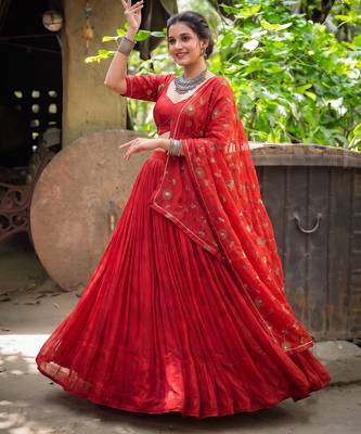 Women's Georgette Printed Lehenga Choli with Sequins Embroidery & Mirror Work Dupatta Set - Full stitched free size 4