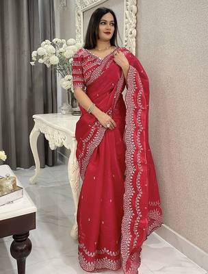 red embroidered saree with blouse piece 1