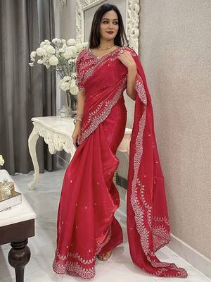 red embroidered saree with blouse piece 2