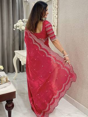 red embroidered saree with blouse piece 3