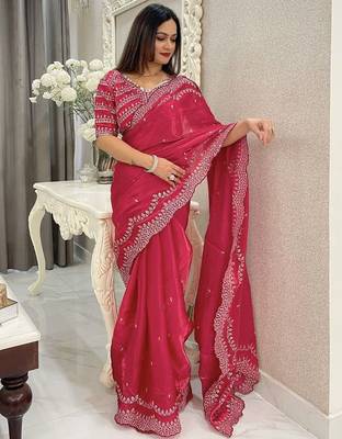 red embroidered saree with blouse piece 4