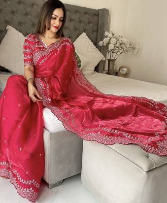 red embroidered saree with blouse piece 5