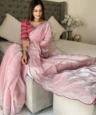 pink women ethnic motifs embroidered saree 3