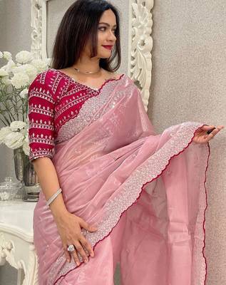 pink women ethnic motifs embroidered saree 4