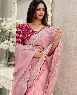 pink women ethnic motifs embroidered saree 5