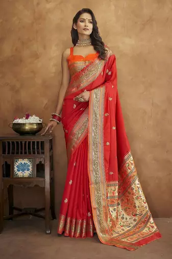 red woven design zari handloom paithani saree