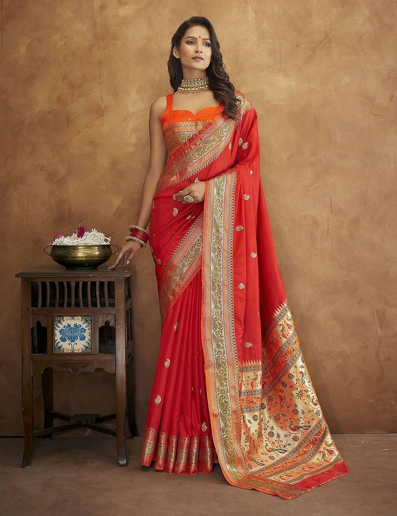 red woven design zari handloom paithani saree
