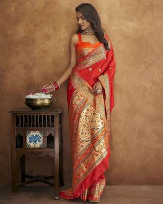 red woven design zari handloom paithani saree 2
