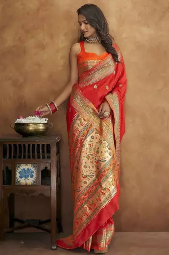 red woven design zari handloom paithani saree