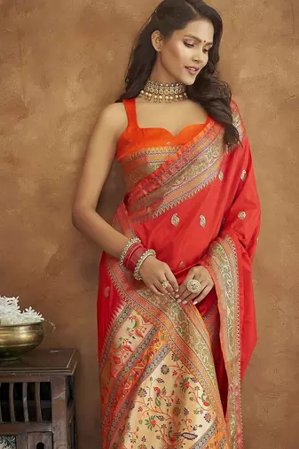 red woven design zari handloom paithani saree