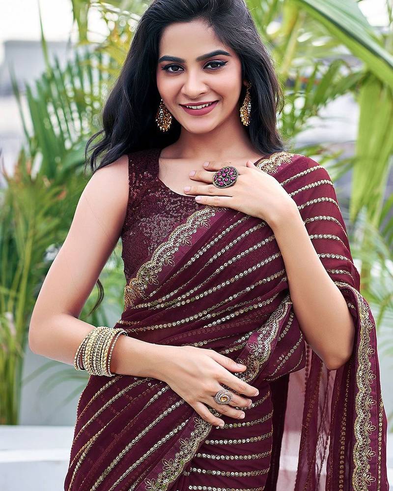 brown embellished sequinned saree