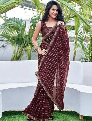 brown embellished sequinned saree 2