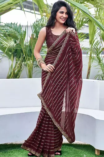 brown embellished sequinned saree