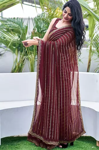 brown embellished sequinned saree