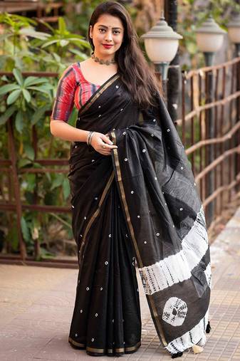 black bandhani designer block print saree