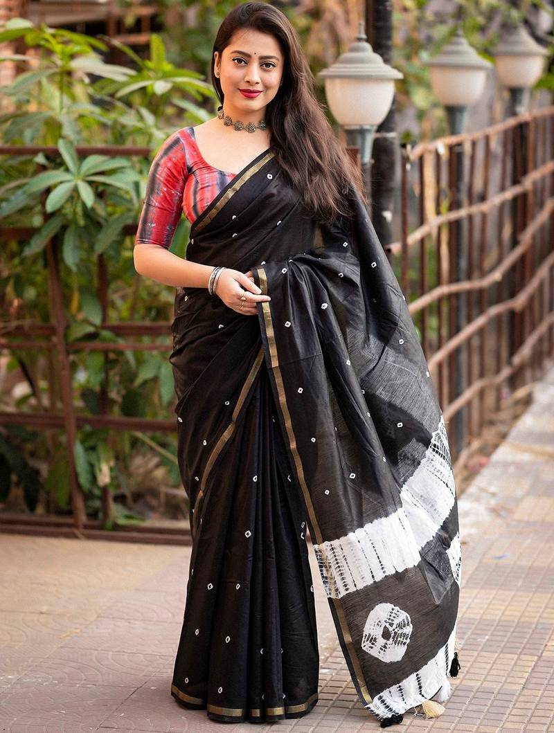 black bandhani designer block print saree