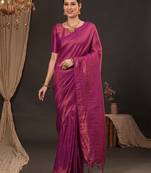 magenta ethnic motifs zari silk blend kanjeevaram saree