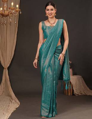 teal woven design zari silk blend kanjeevaram saree 1