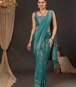 teal woven design zari silk blend kanjeevaram saree