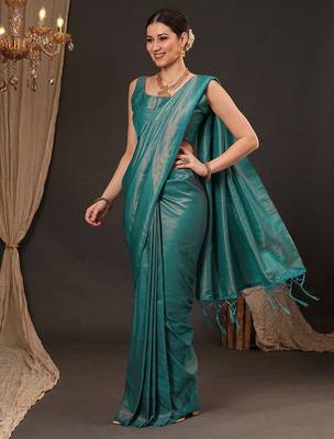 teal woven design zari silk blend kanjeevaram saree 2
