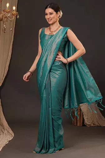 teal woven design zari silk blend kanjeevaram saree
