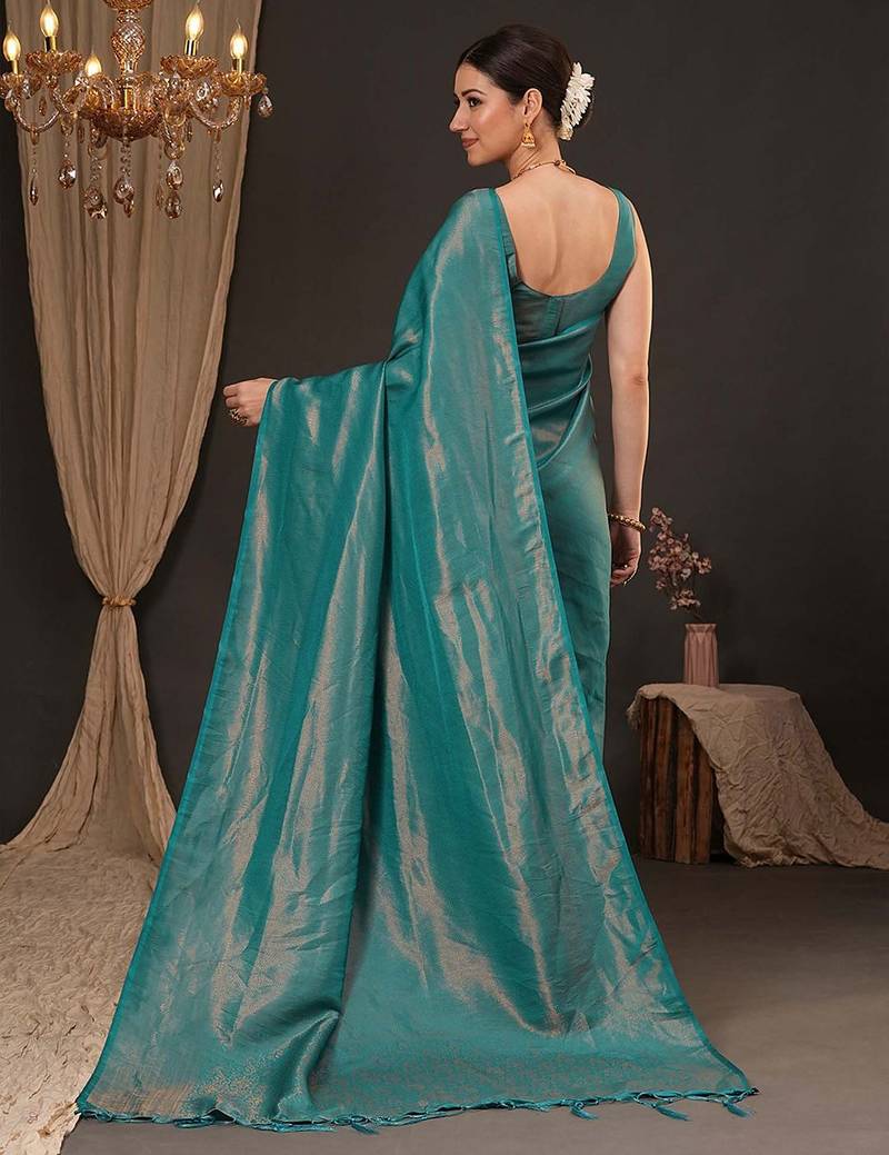 teal woven design zari silk blend kanjeevaram saree