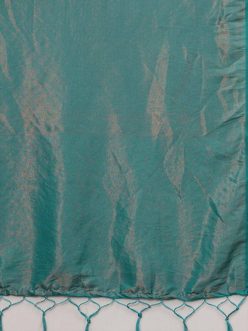 teal woven design zari silk blend kanjeevaram saree
