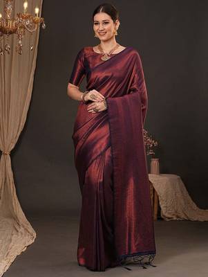 Purple ethnic motifs zari silk blend kanjeevaram saree 1