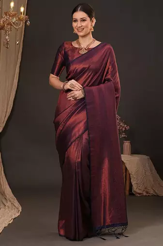 Purple ethnic motifs zari silk blend kanjeevaram saree