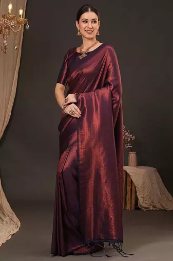 Purple ethnic motifs zari silk blend kanjeevaram saree