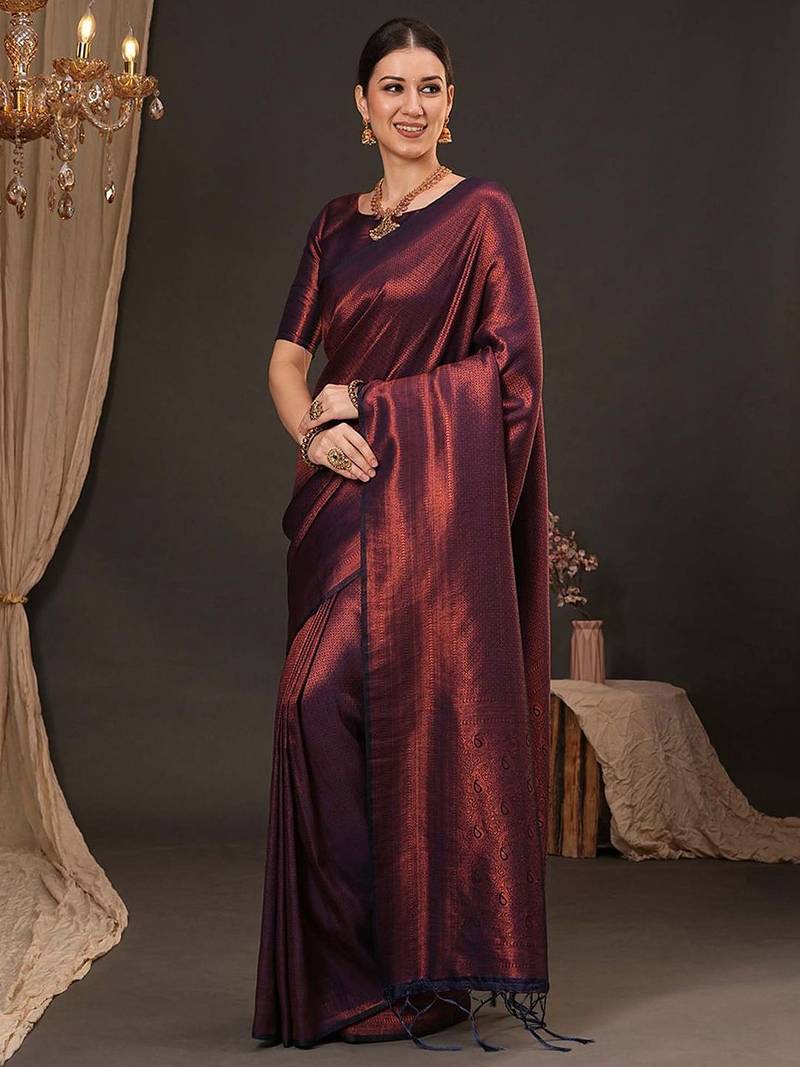 Purple ethnic motifs zari silk blend kanjeevaram saree