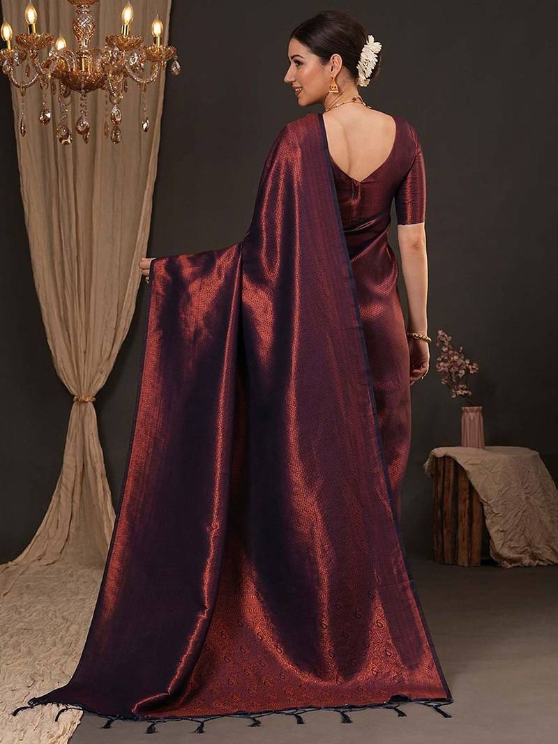 Purple ethnic motifs zari silk blend kanjeevaram saree