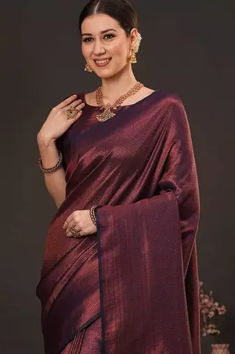 Purple ethnic motifs zari silk blend kanjeevaram saree