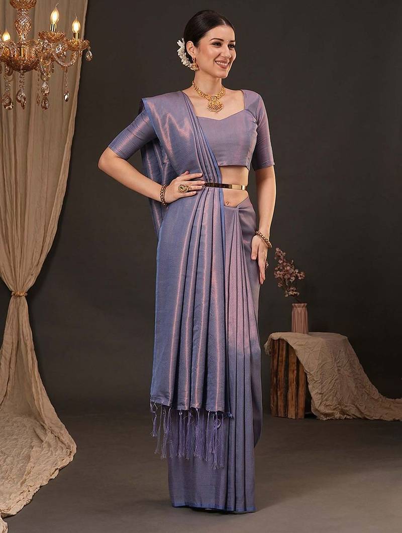 Lavender ethnic motifs zari silk blend kanjeevaram saree