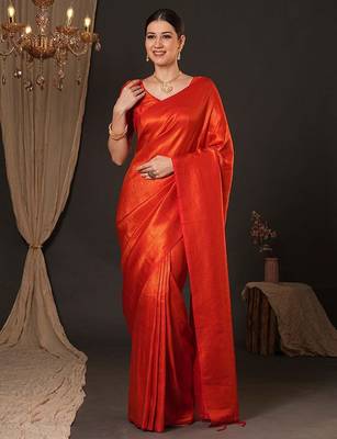 orange ethnic motifs zari silk blend kanjeevaram saree 1