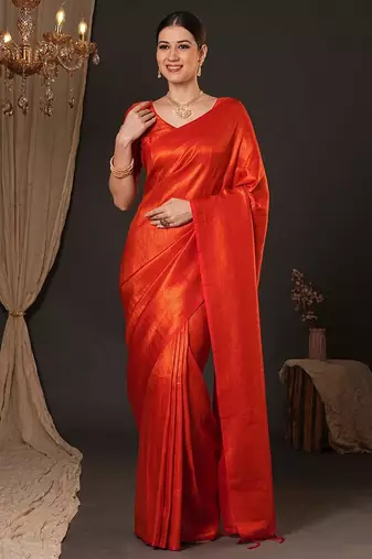 orange ethnic motifs zari silk blend kanjeevaram saree