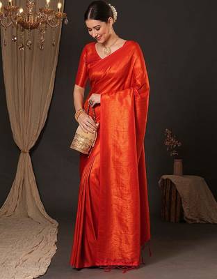 orange ethnic motifs zari silk blend kanjeevaram saree 3