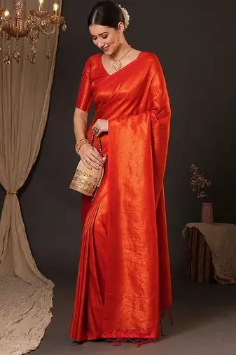 orange ethnic motifs zari silk blend kanjeevaram saree
