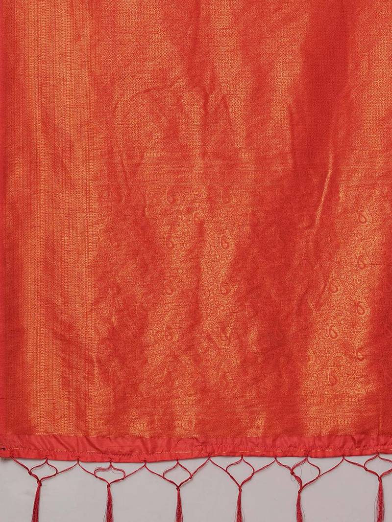 orange ethnic motifs zari silk blend kanjeevaram saree