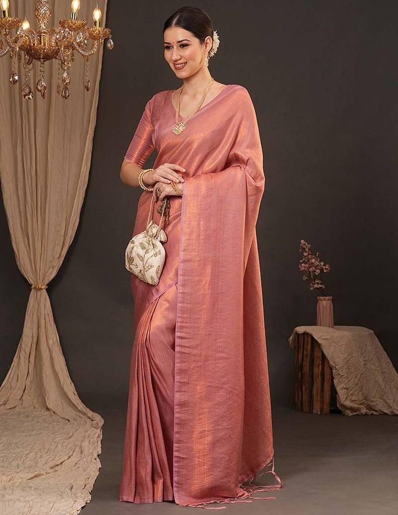 peach ethnic motifs silk blend designer kanjeevaram saree